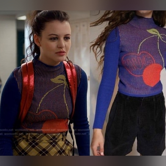 Urban Outfitters Shauna Jacquard BDG Cherry Mock Neck Crop Top Sweater Blue L - Picture 2 of 11